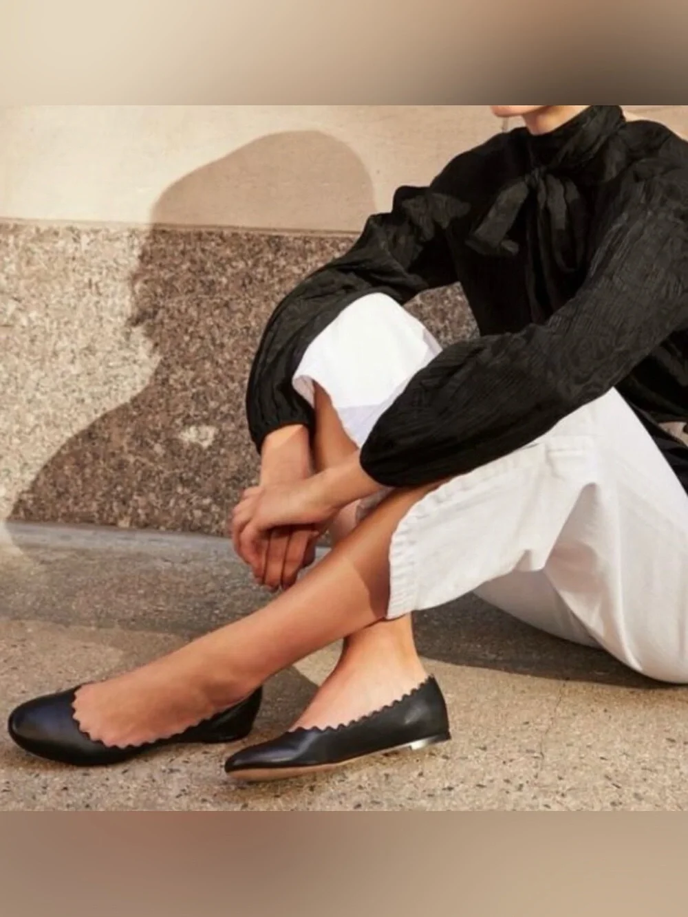 Chloé Black Leather Scalloped Ballet Flats Lauren Size 38.5 EU Made in Italy - Picture 4 of 8